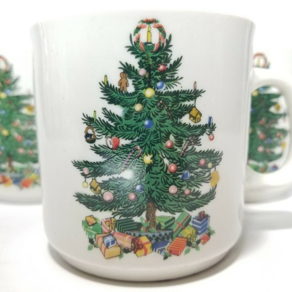 Lot of (3) Vintage Badcock Christmas Tree Mugs Ceramic Tea Hot Cocoa Cups - Picture 3 of 7